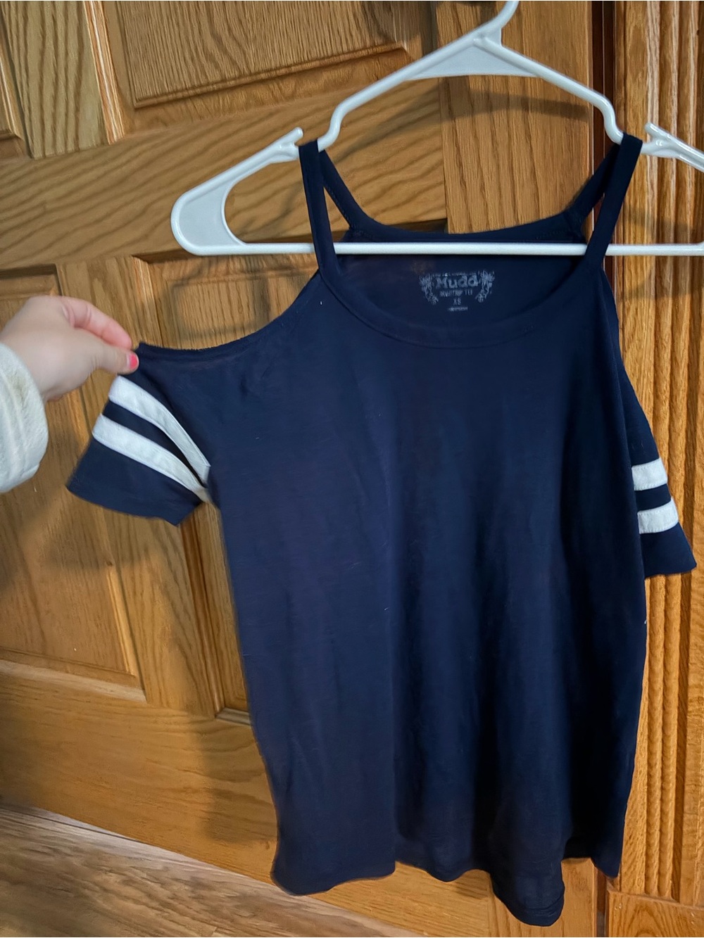 Navy Cold-Shoulder Tee with White Sleeve Stripes